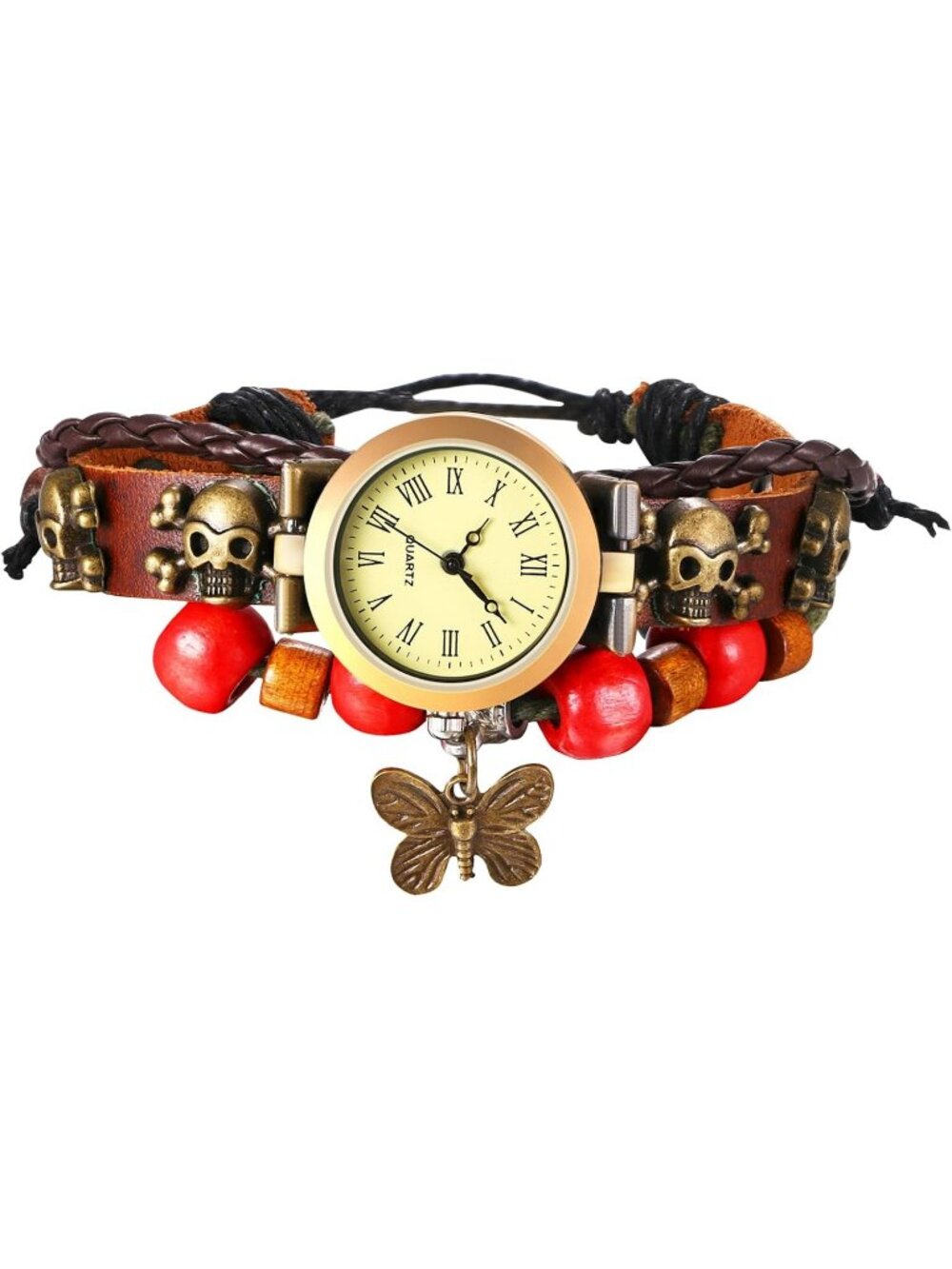 Women's Skull Red Butterfly Vintage Classic Weave Wrap Around Quartz Wristwatch